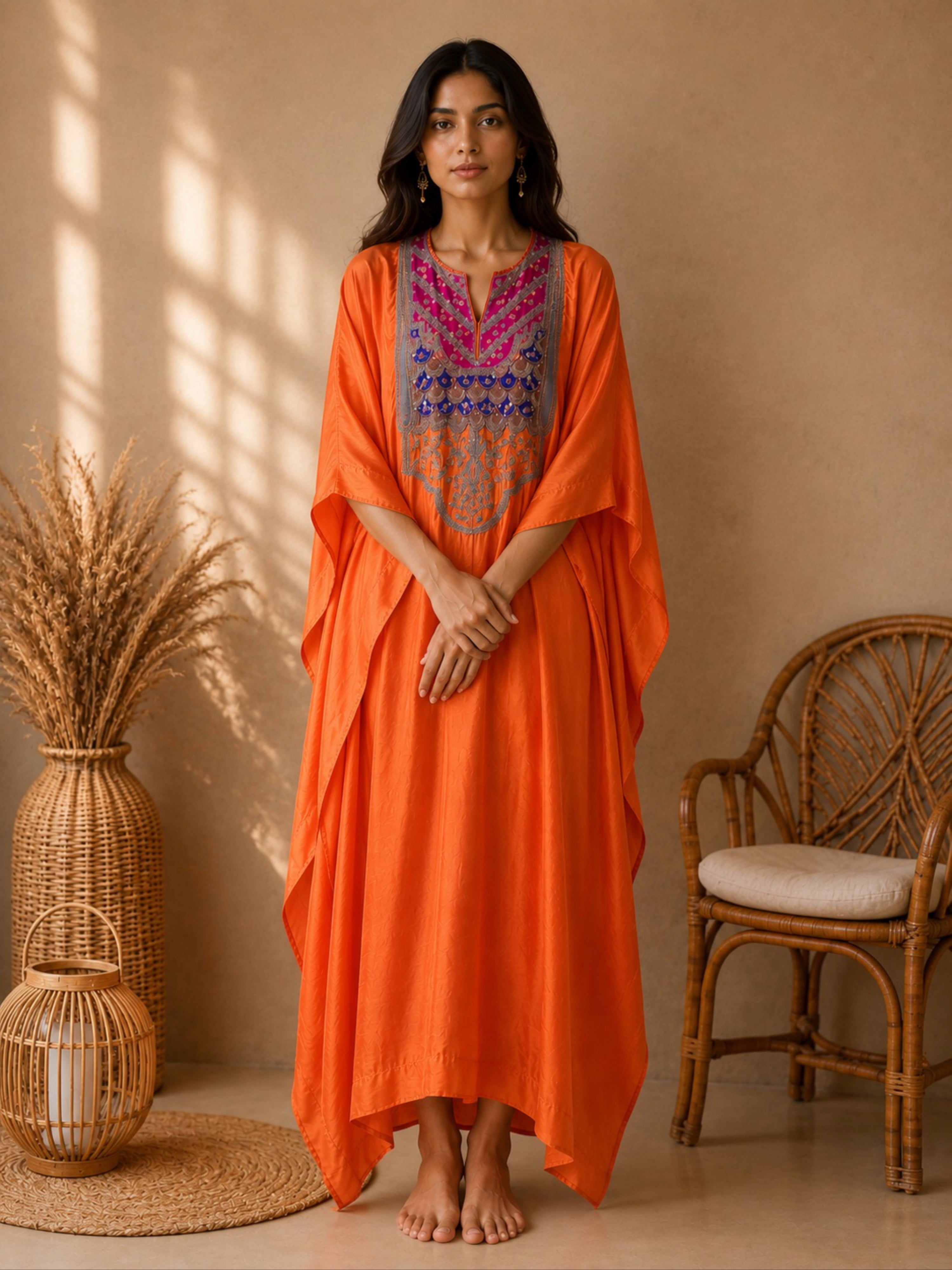 Pure Habutai Silk Orange Kaftan Featuring Bandhej and Handwork Appliqué