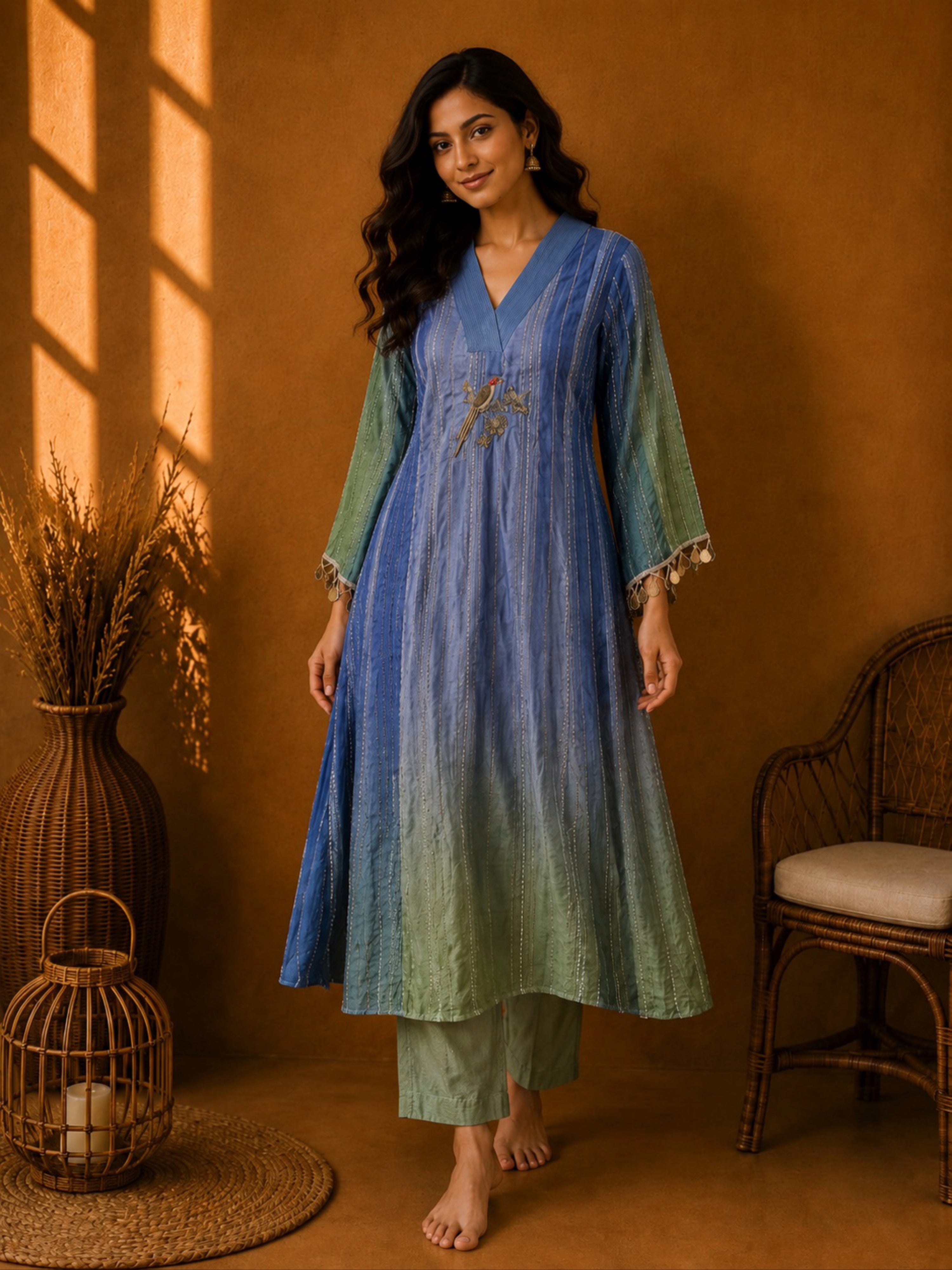 Fancy Mul Chanderi With Intricate Hand Embroidery in Ombre Green