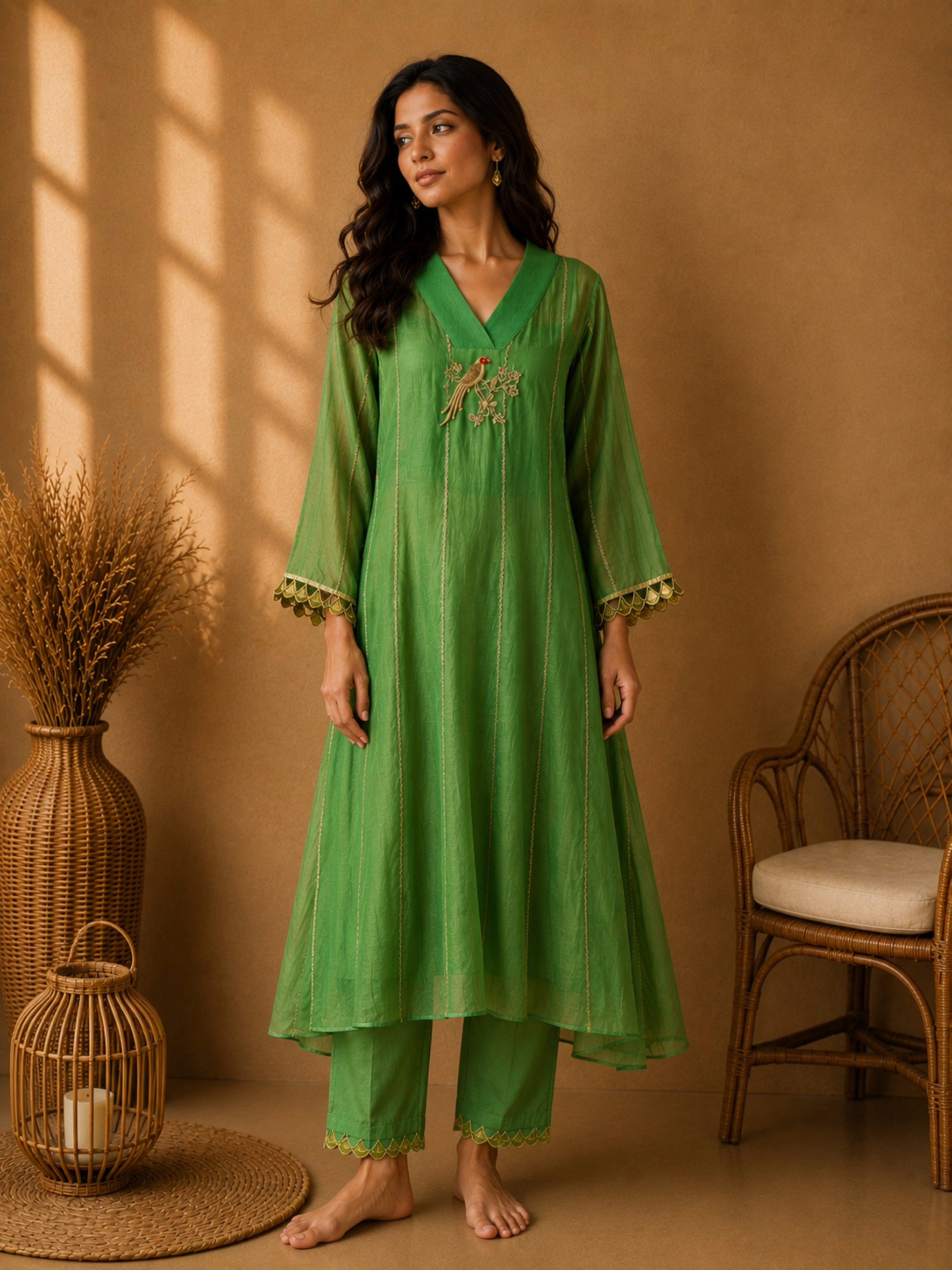 Fancy Mul Chanderi With Intricate Hand Embroidery in Green