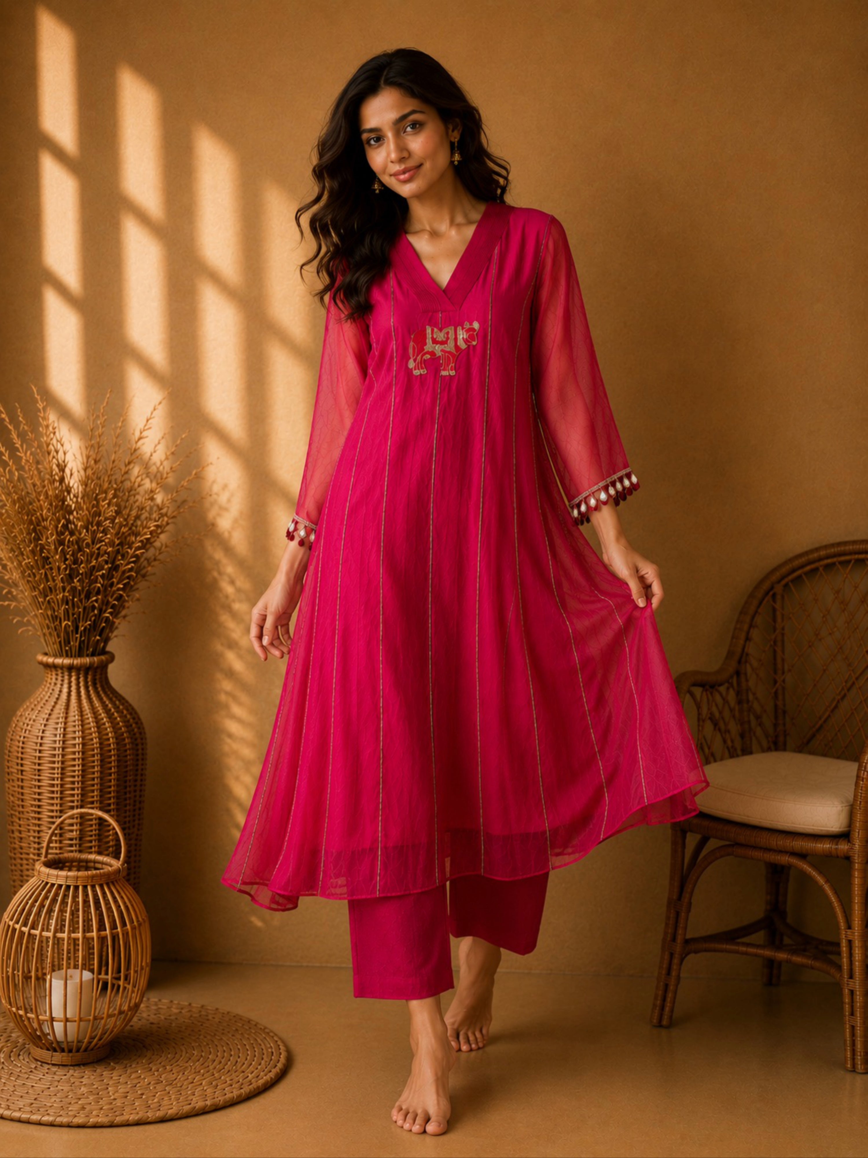 Fancy Mul Chanderi With Intricate Hand Embroidery in Rani Pink