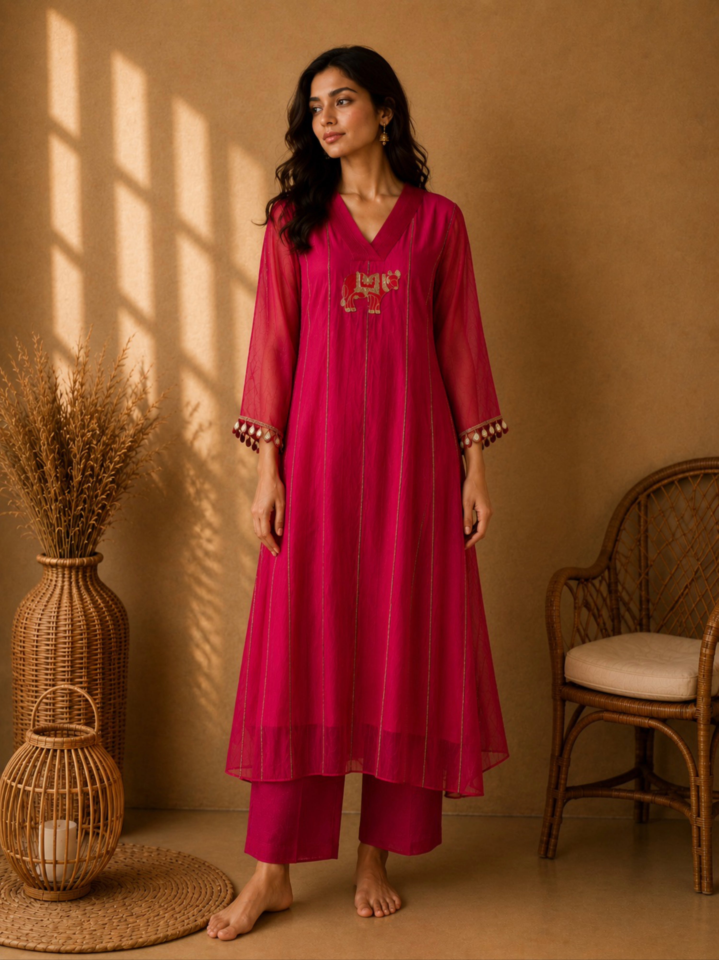 Fancy Mul Chanderi With Intricate Hand Embroidery in Rani Pink