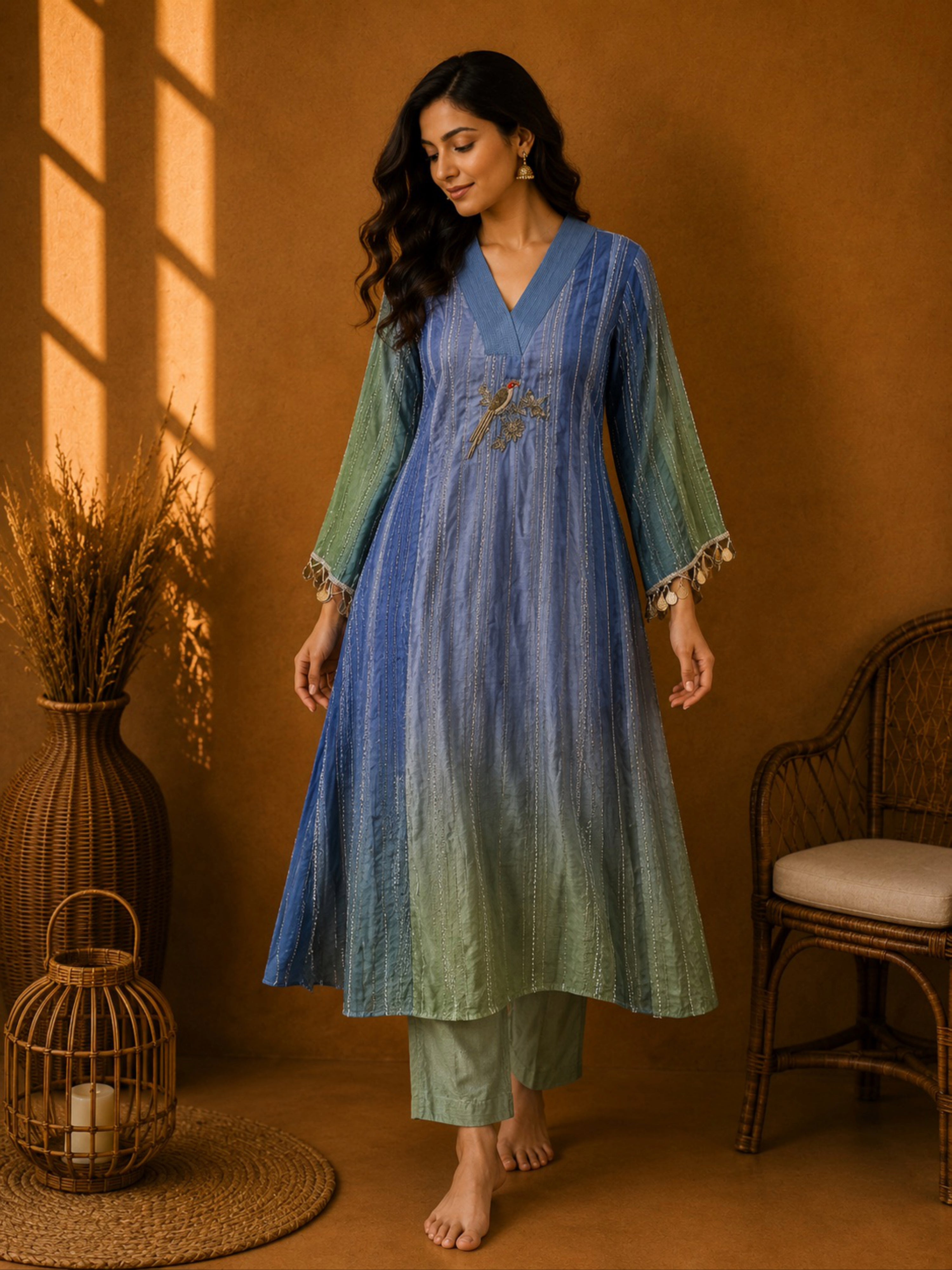 Fancy Mul Chanderi With Intricate Hand Embroidery in Ombre Green