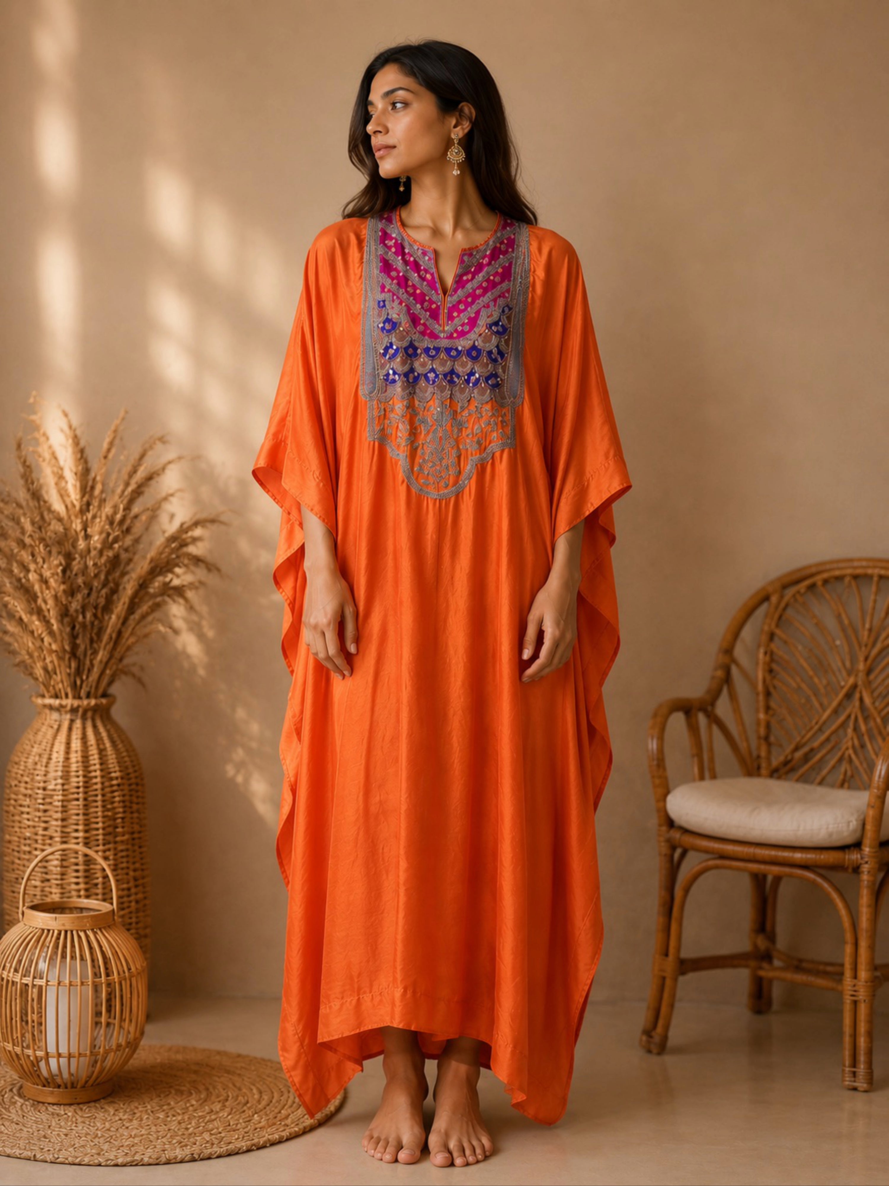 Pure Habutai Silk Orange Kaftan Featuring Bandhej and Handwork Appliqué