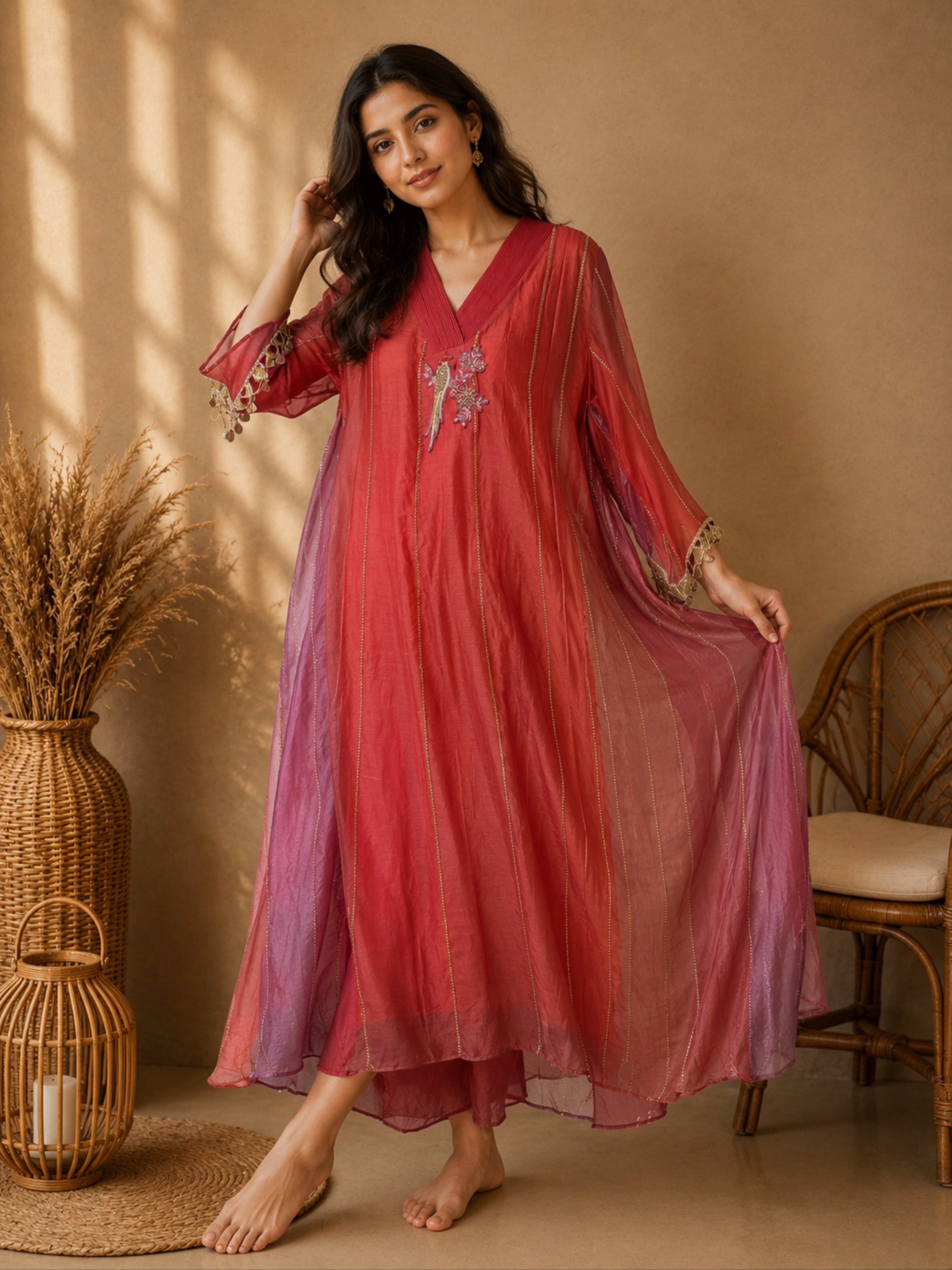 Fancy Mul Chanderi With Intricate Hand Embroidery in Red